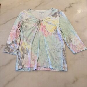 Emma James Women's 3/4 Sleeve Shirt Size XL Watercolor Floral Rhinestones Green
